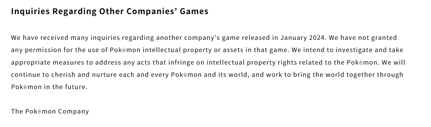 Saber-rattling: The Pokémon Company threatens potential litigation over Palworld—apparently unsure of merits